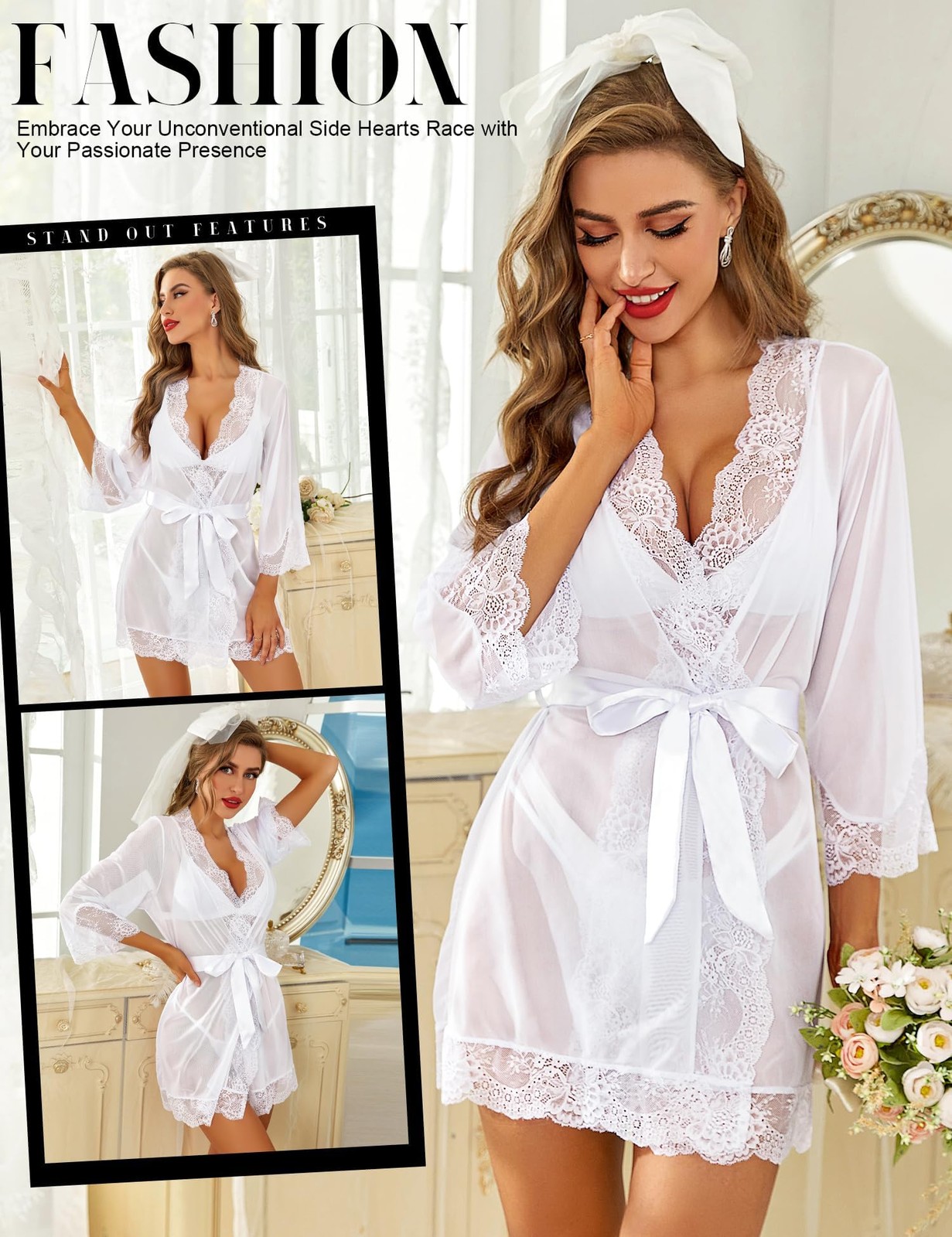 Women Lace Kimono Robe Babydoll Chemise Lingerie Bride Wedding Party Sleep