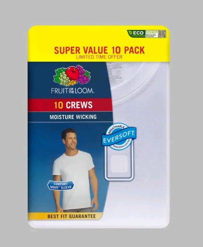 Sz XL (10) Pack Fruit Of The Loom Tag Free Crew White T Shirts New In Package
