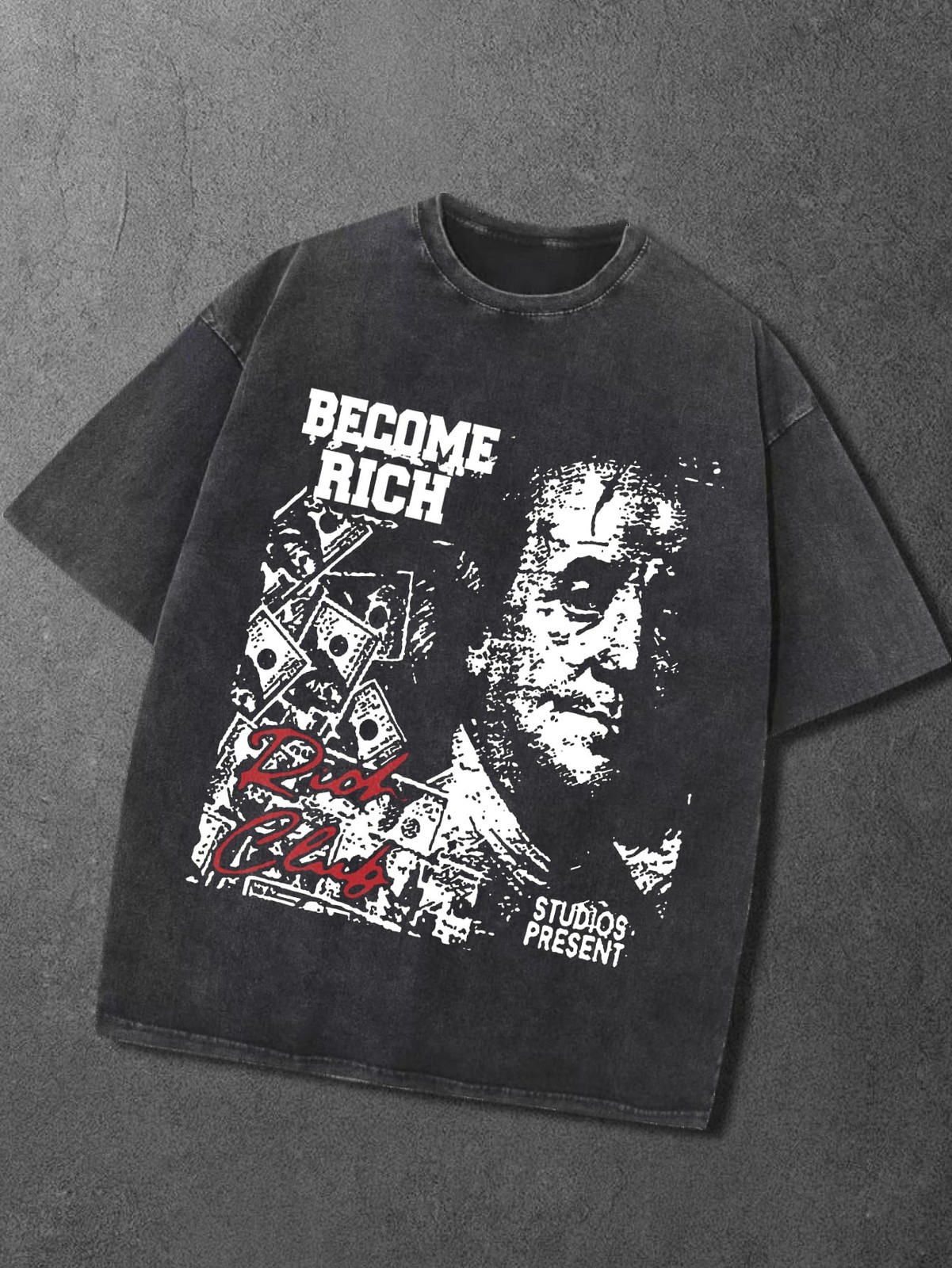 230g Acid Wash « Become Rich » Skull Tee Money Graphic Hip Hop Street