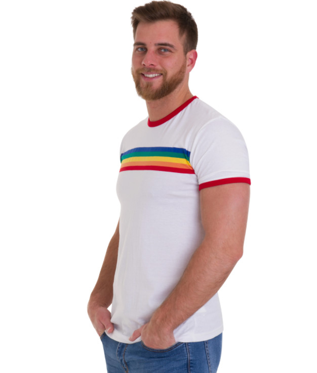 New 60&rsquo;s/70&rsquo;s vintage retro mod style White rainbow striped across chest t shirt
