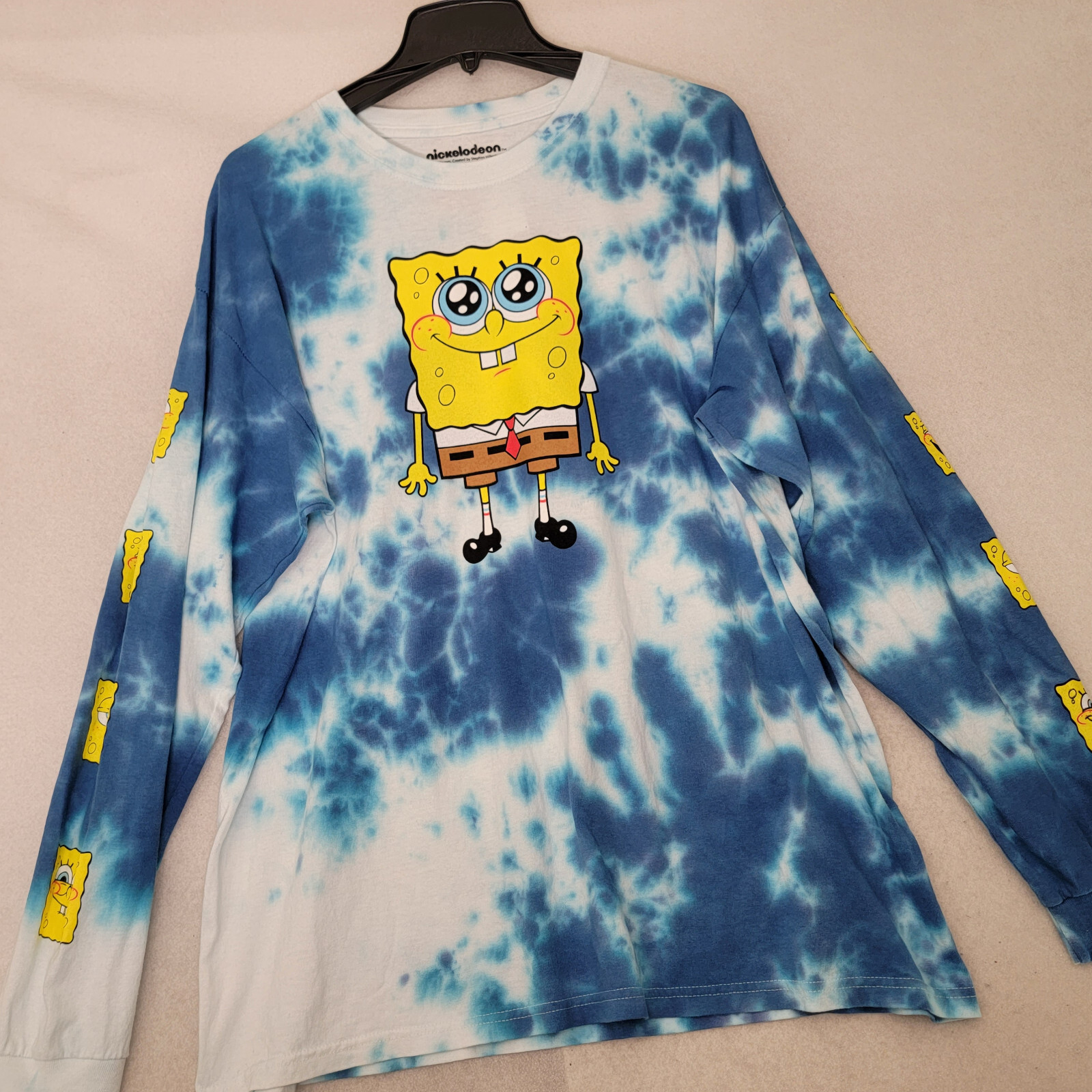 NICKELODEON SPONGEBOB TIE DYE T SHIRT MENS Large L BLUE WHITE LONG SLEEVE NWT