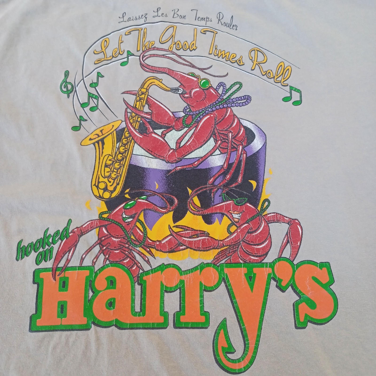 Hooked on Harrys Seafood Bar Shabby Graphic Tee Clay Lobster Sax Let Good Times