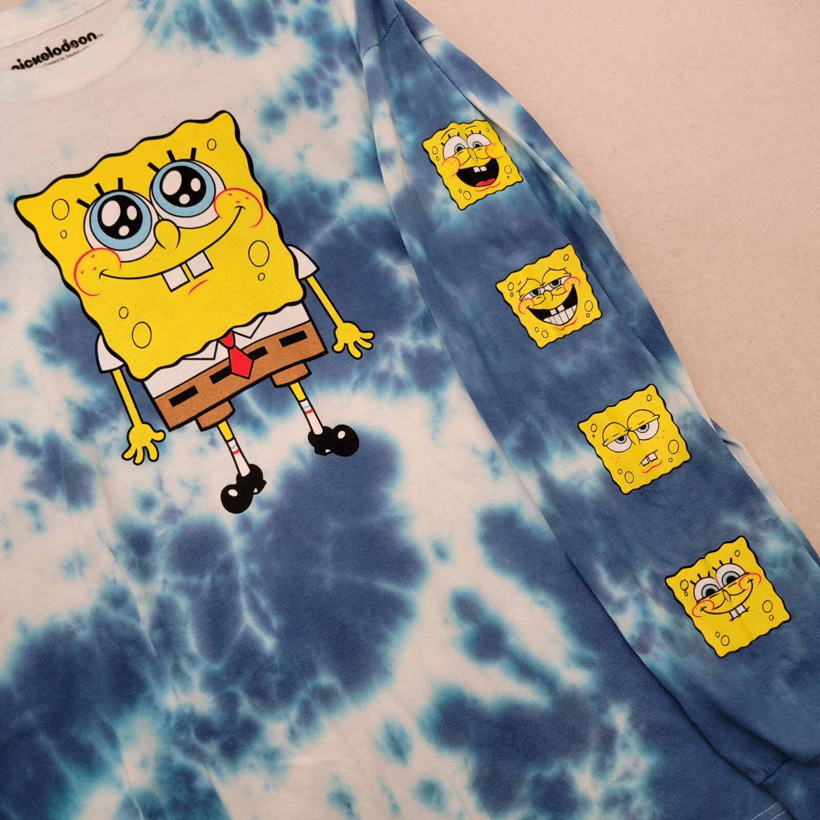 NICKELODEON SPONGEBOB TIE DYE T SHIRT MENS Large L BLUE WHITE LONG SLEEVE NWT