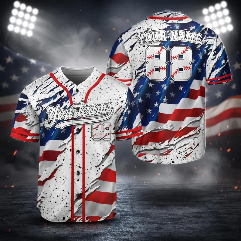Custom Name Number Torn USA Flag Baseball Jersey Patriotic Graphic Shirt