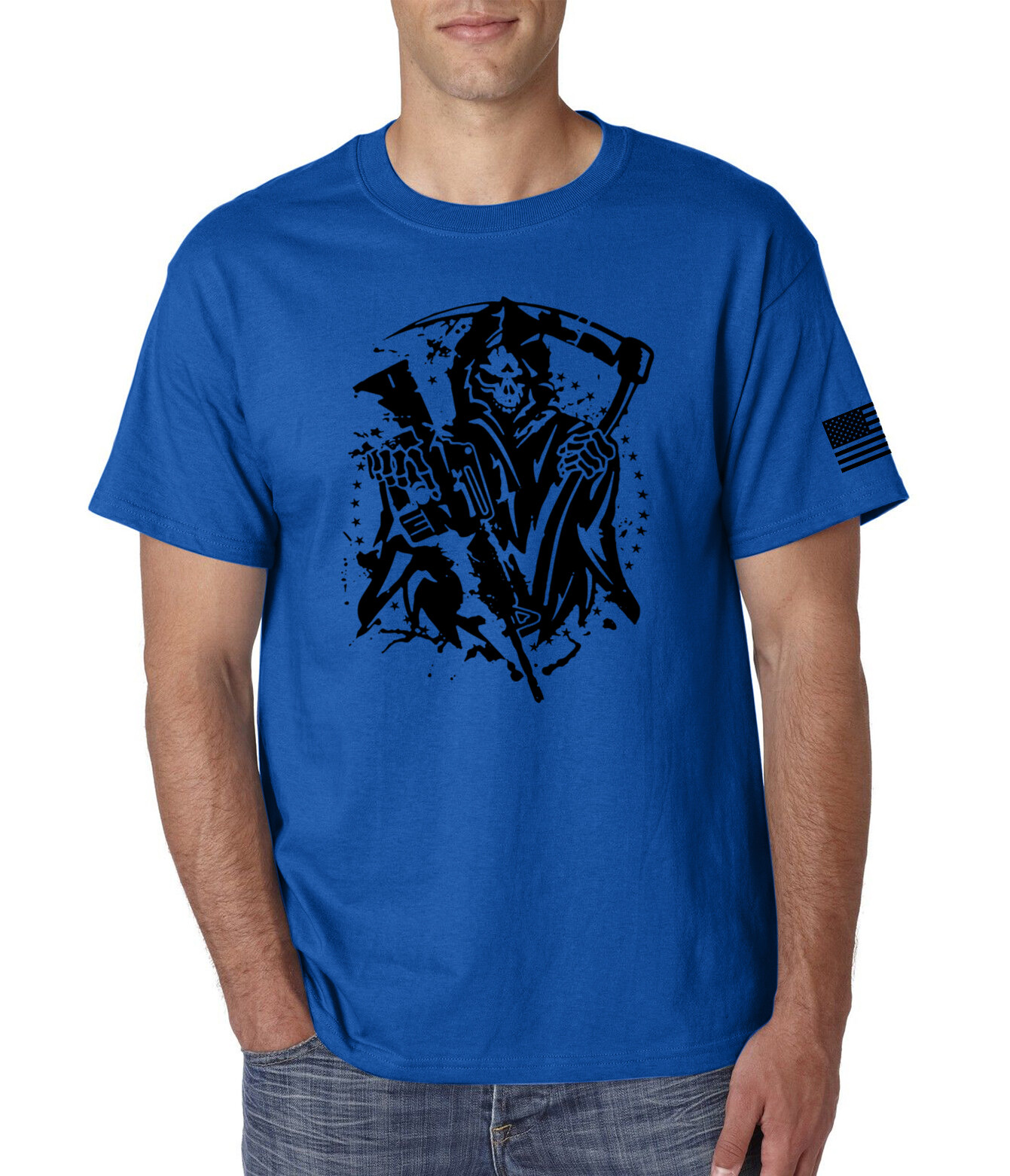 American Grim Reaper T-Shirt Military AR 15 Skull with American Flag