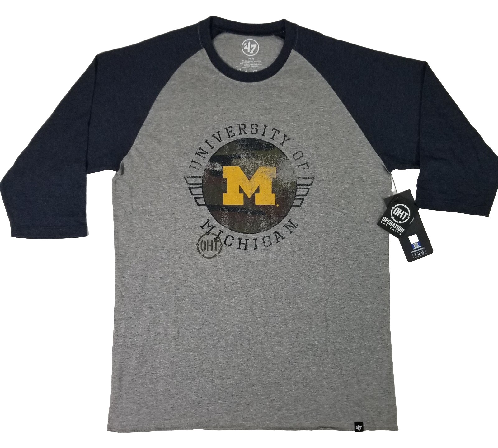 &rsquo;47 Brand MICHIGAN WOLVERINES Operation Hat Trick Raglan 3/4 T-Shirt Adult M NWT