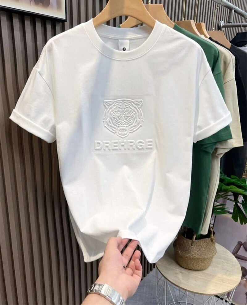 New Men Fashion Trend Tiger Embroidery Summer Short Sleeve Luxury Cotton T-Shirt