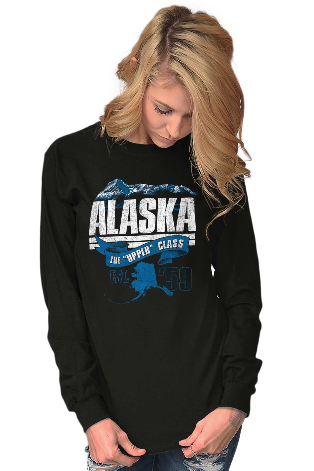 Alaska Upper Class AK State Map Vacation Long Sleeve Tshirt Tee for Adults