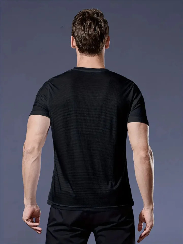 Men T Shirt Quick Dry Ultra Light Black Round Neck Short Sleeve Gym Top