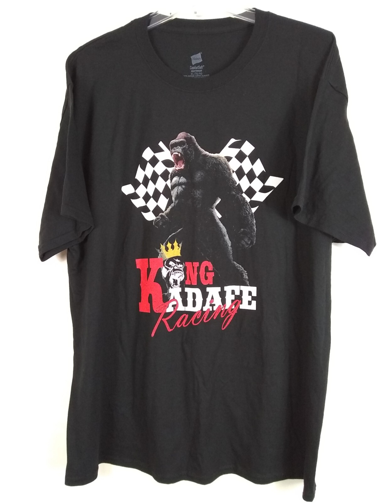 Hanes T-Shirt Men&rsquo;s XL King Kadafe Racing Crown/Flag Soft Heavy Black Cotton EUC