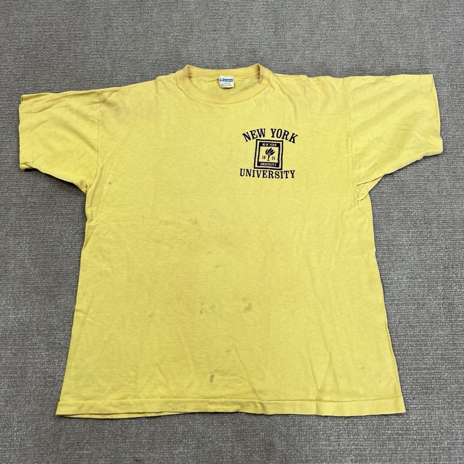 Vintage 70s Champion Blue Bar New York University Color Flock T Shirt Mens Large