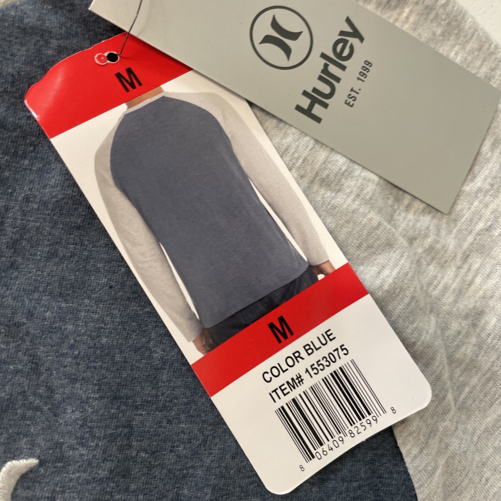 HURLEY Men&rsquo;s Raglan Tee Shirt Colorblock Long Sleeve Pullover BLUE/GRAY MEDIUM