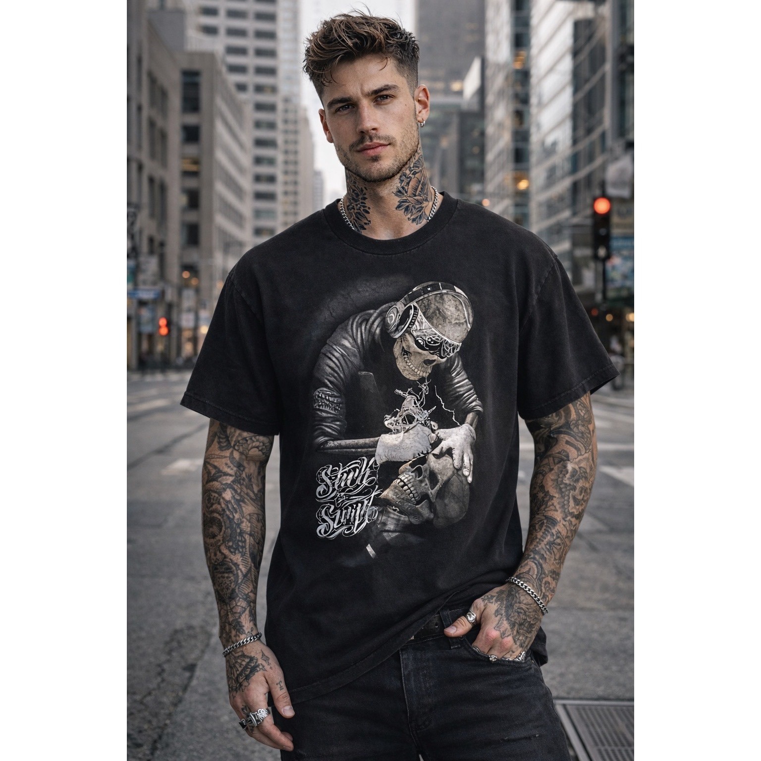 Dyse One Skeleton Tattoo Artist Graphic Tee Mens Large Black Stick to the Script