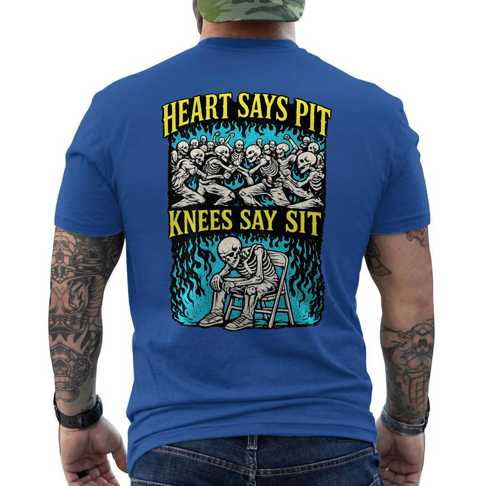 Heart Says Pit Knees Say Sit Funny Skeleton Gym And Concert ON BACK T-Shirt