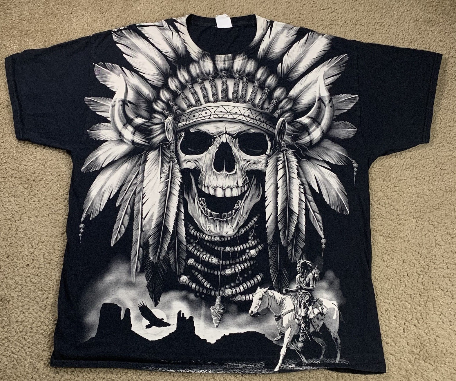 Vintage Y2K Native American Skull Mens 2XL Black Short Sleeve Shirt AOP Horses
