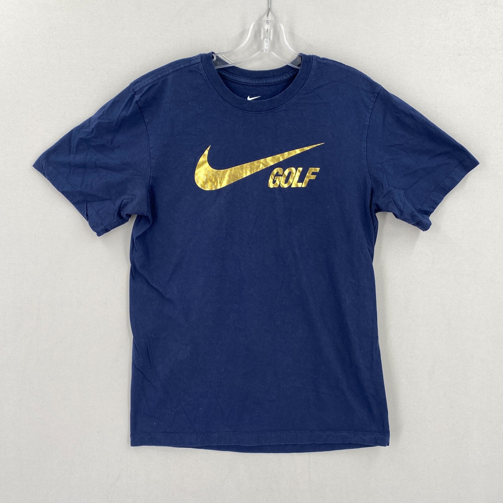 Nike GOLF Mens Tee Size Small Navy Blue Gold Foil Logo Crew Short Sleeve Cotton