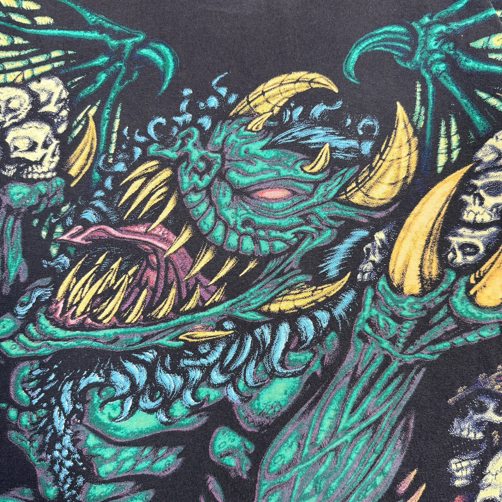 Vintage 90s Wild Oats Dragon Skull All Over Print Tee Rare Metal Faded Black XL