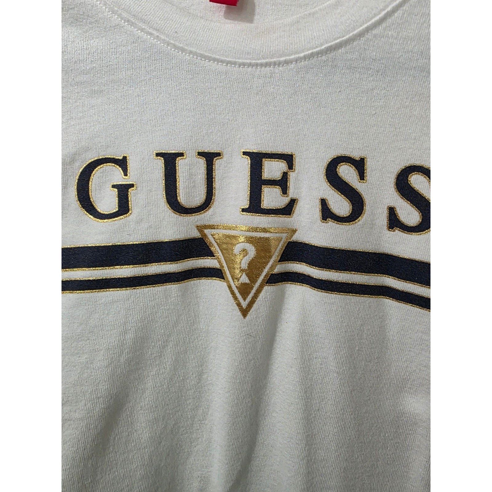 GUESS Mens White Long Sleeve Graphic Logo Tee Shirt Gold Foil Navy Stripe M Y2K