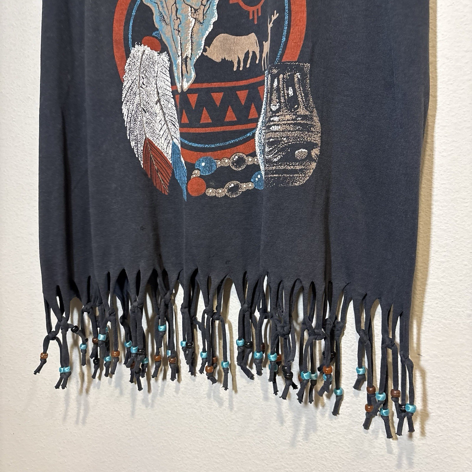 Rodeo PBR Fringe T-Shirt Mens L Black Beaded Native Style Vintage 90s Fringe USA