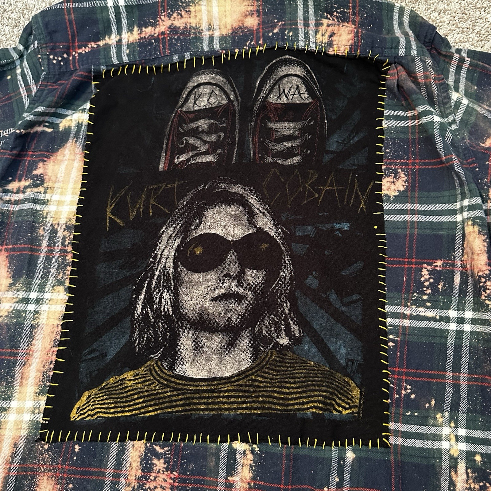 Custom Bleached Flannel Kurt Cobain Nirvana Patch Shirt Grunge Distressed XL