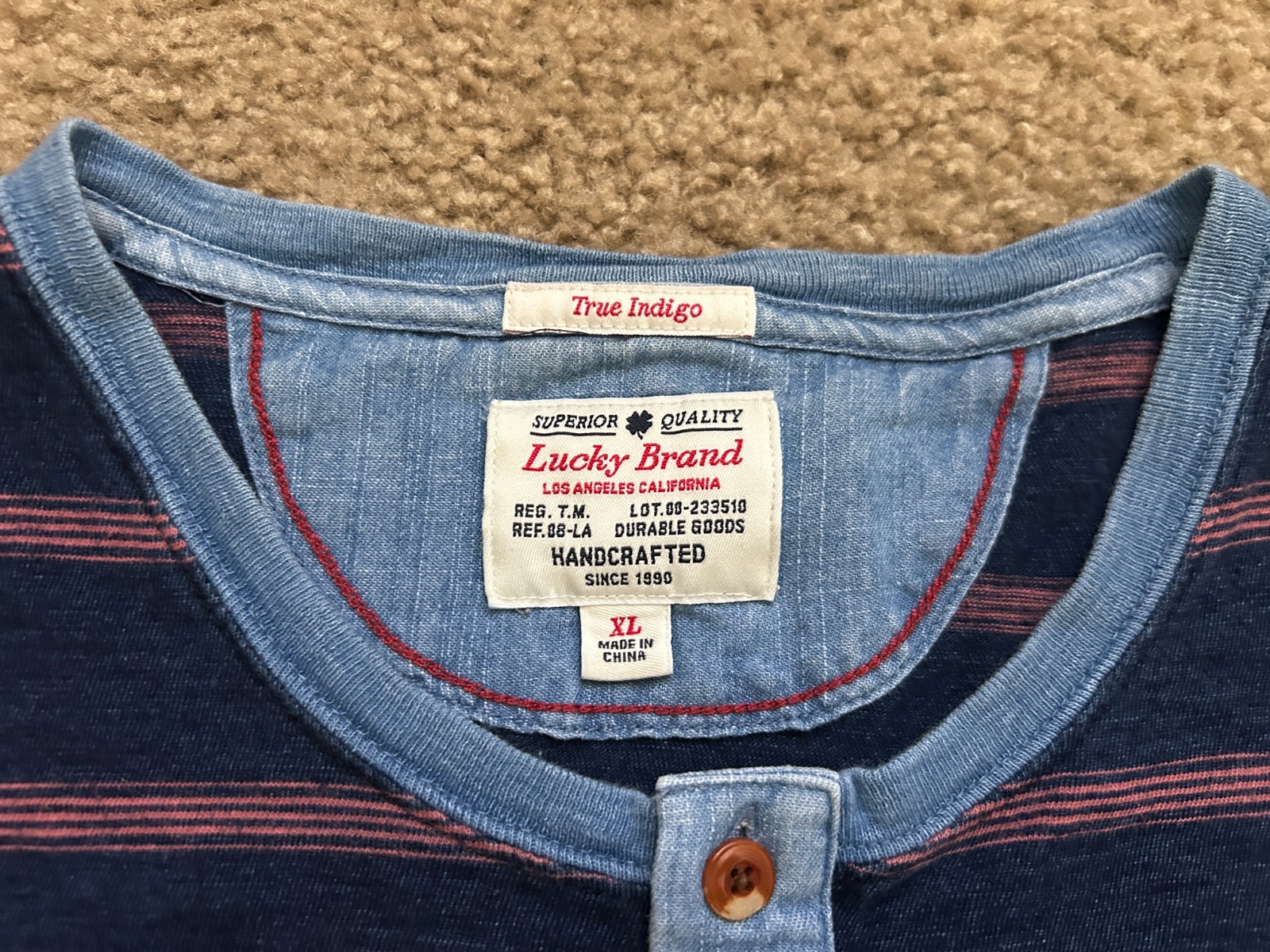 Lucky Brand Henley Shirt Mens XL True Indigo Blue Striped Short Sleeve