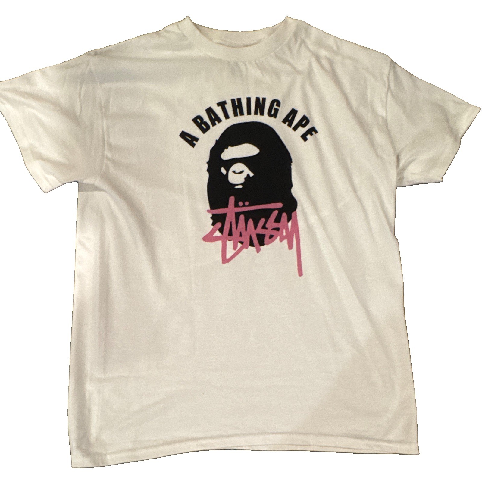 A Bathing Ape x Stussy Men&rsquo;s M White Ape Head Graphic Logo Crew Neck Tee