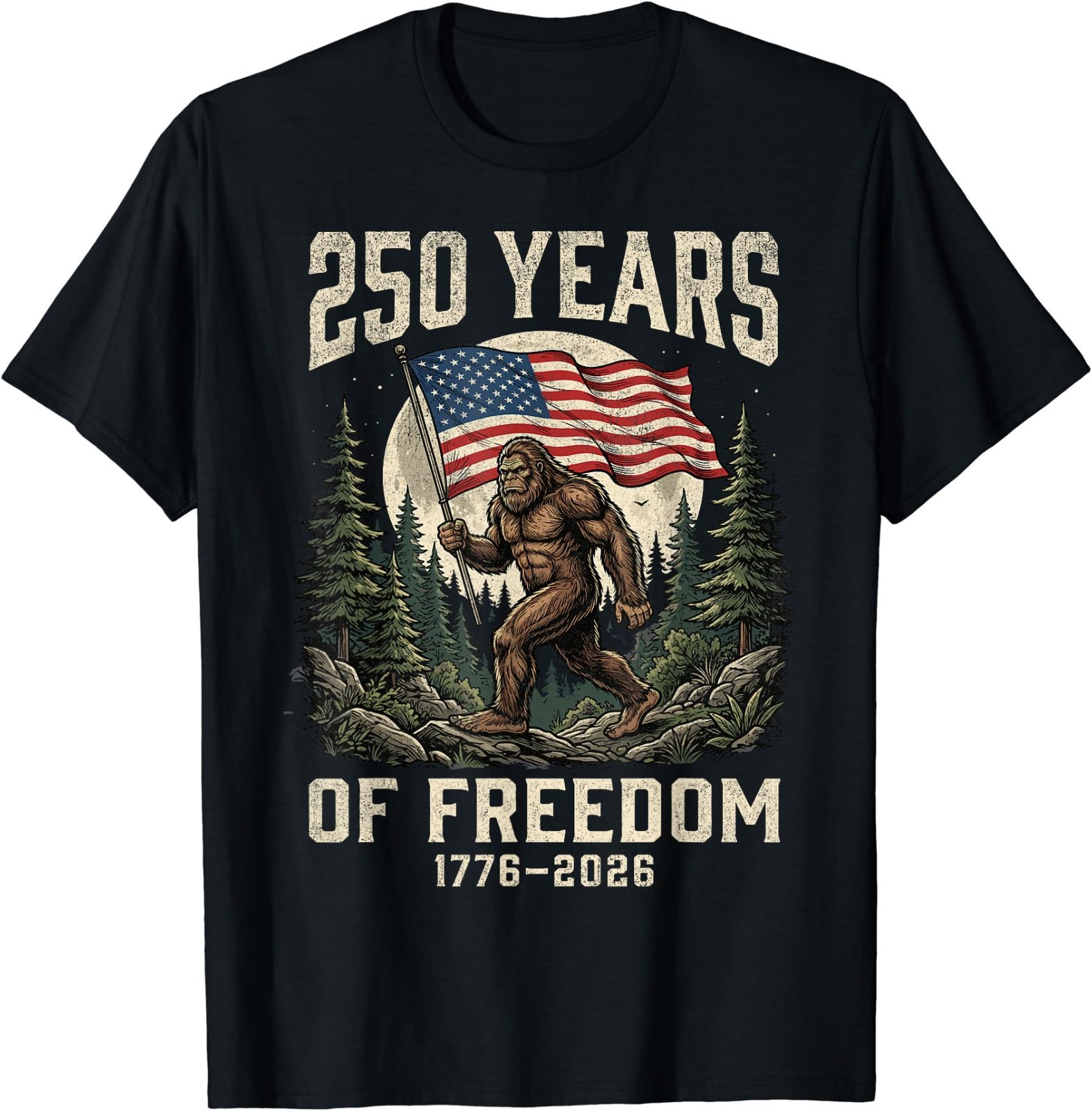 Bigfoot Patriotic 250 Years of Freedom American USA Flag T-Shirt