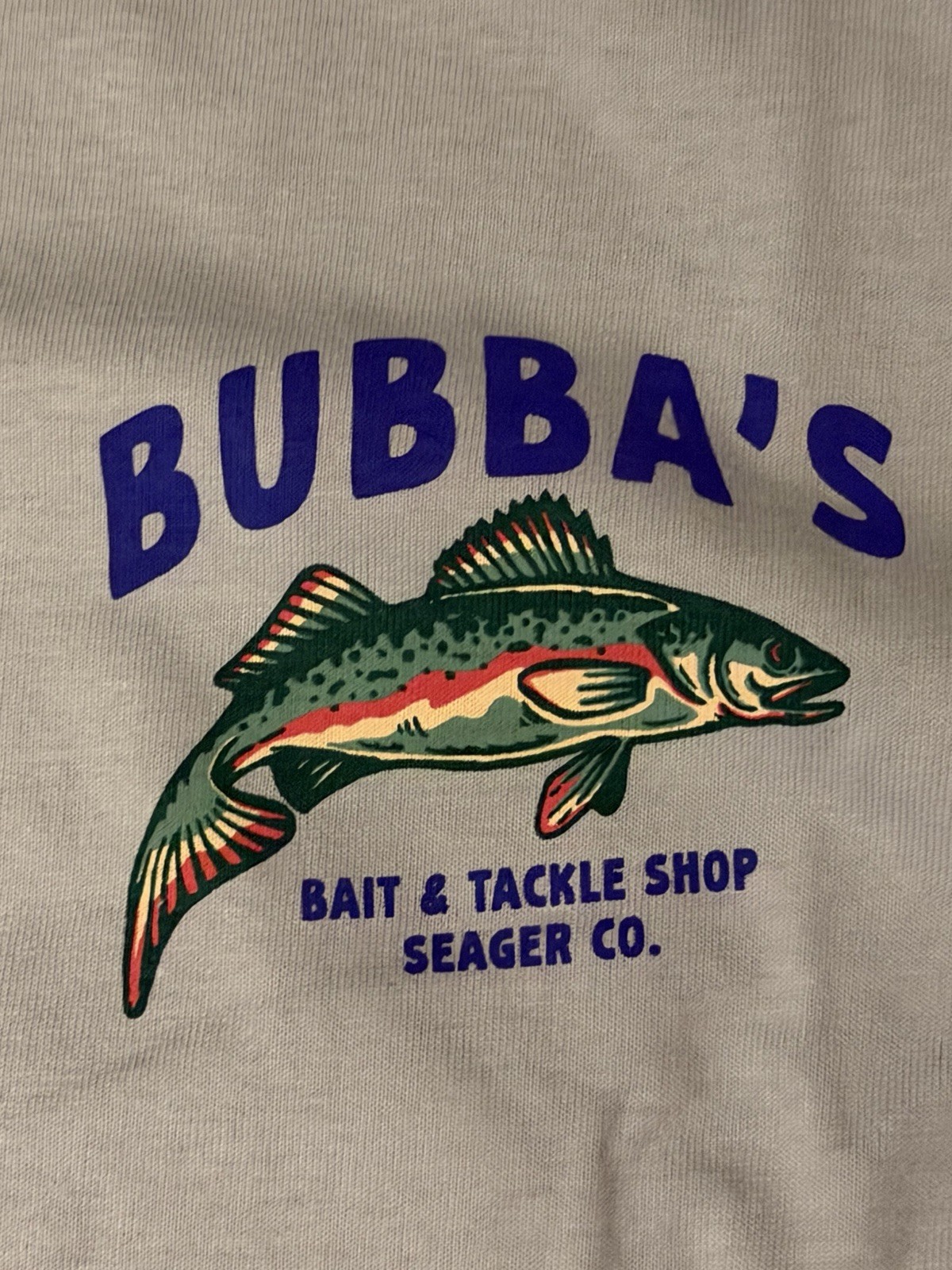 Seager T Shirt Graphic Mens Tee Bubbas Fishing Bait Size XL Sky Blue NEW RARE