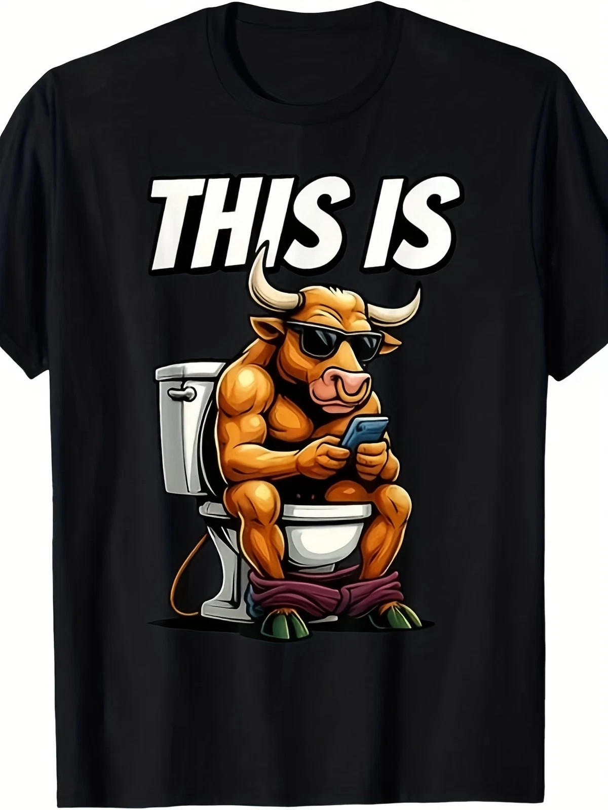 Funny « This Is Bull » T-Shirt | Muscular Bull on Toilet Graphic Humor Tee