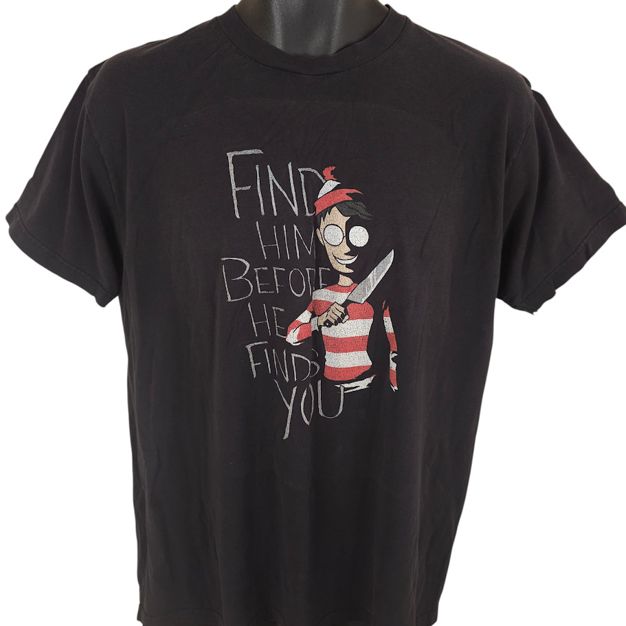 Wheres Waldo T Shirt Mens Size Large Black Find Him Before He Finds You Horror