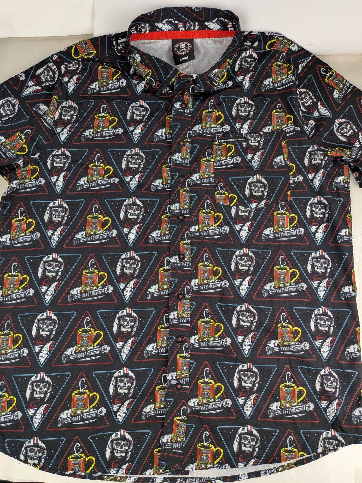 Death Wish Coffee Co Men’s L Button Down Shirt All Over Print Skull Graphic