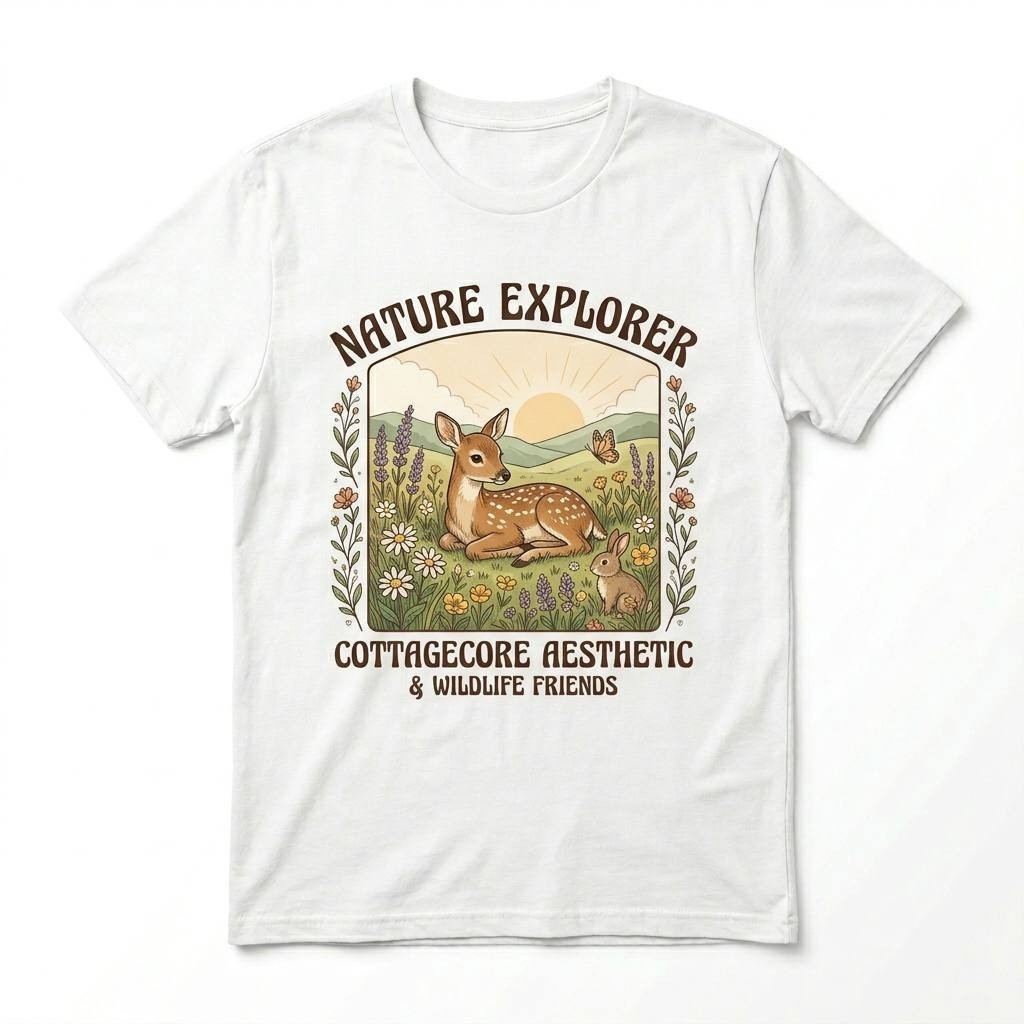 Nature Explorer Cottagecore Aesthetic T-Shirt Vintage Deer Rabbit Wildlife Tee