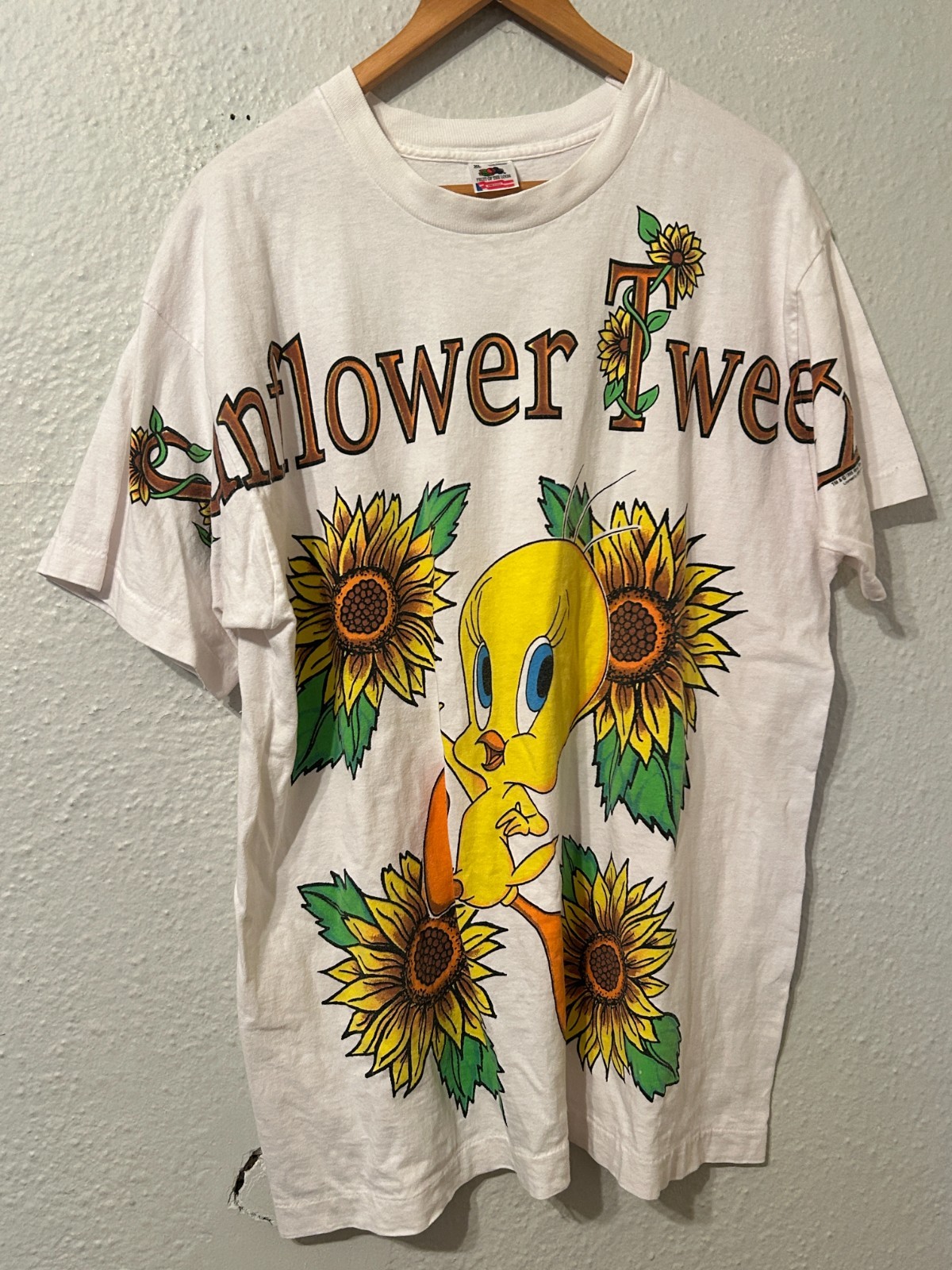 Vtg 90s Looney Tunes XL 1995 Sunflower Tweety White T-Shirt Single Stitch