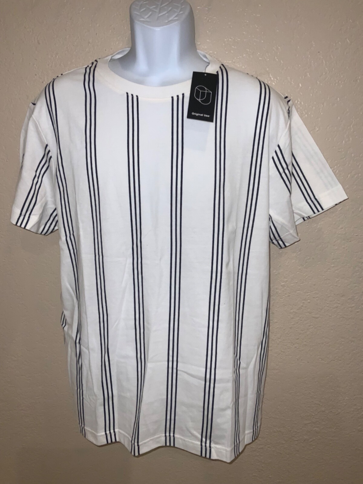 Crew neck t-shirt short sleeve WHITE W/ Black Stripes 100% Cotton Original Use