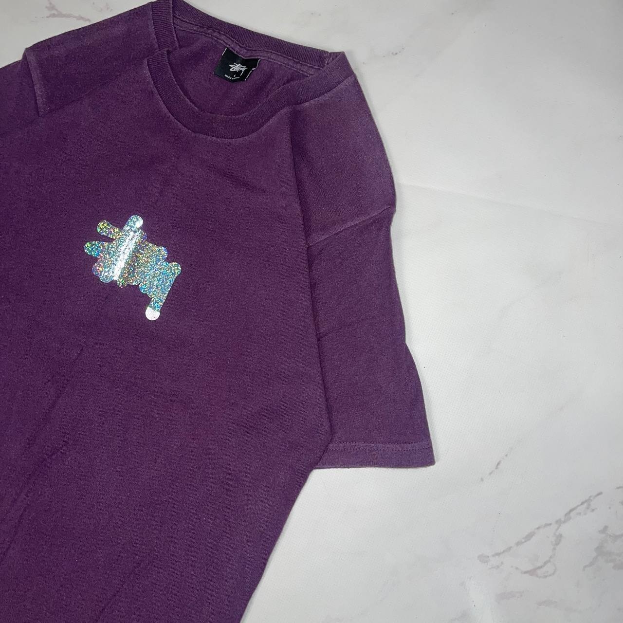 Vintage STUSSY T-Shirt Purple Glitter Logo Y2K Casual Tee Size S