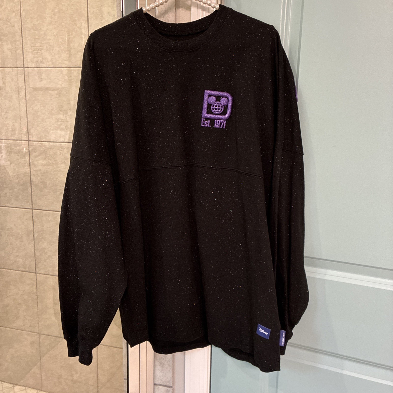 Disney 100 Years of Wonder Spirit Jersey Large Black Purple Glitter Fireworks
