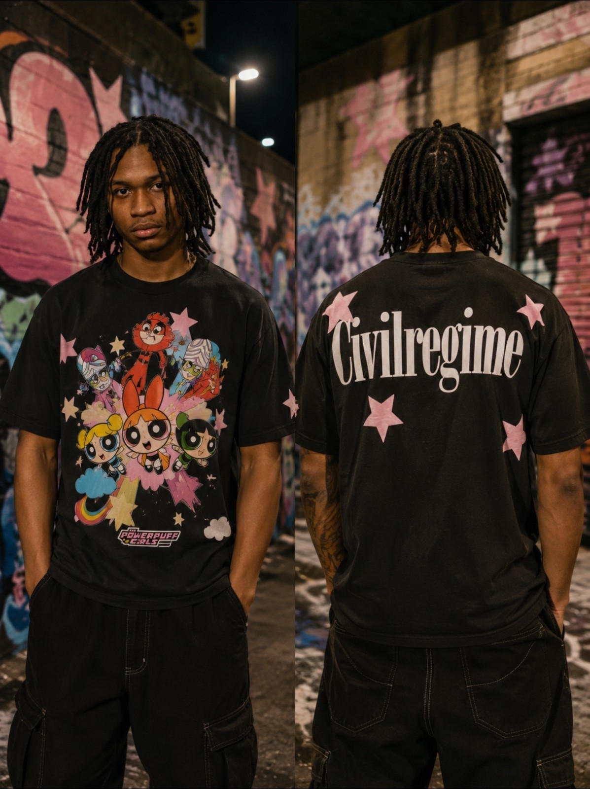 Civil Regime Powerpuff Girls Graphic Print Front & Back Black Crewneck Tee