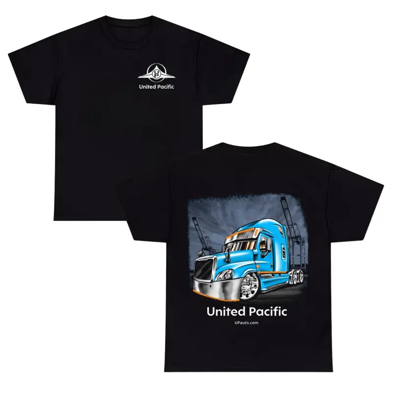 United Pacific Blue Semi Truck T-Shirt ? Modern Chrome Big Rig Graphic Tee