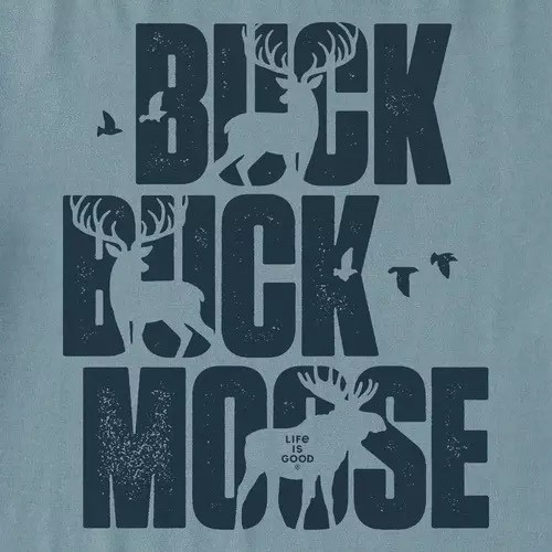 NWT Men&rsquo;s Life Is Good Typeout Buck Buck Moose Hunting Blue SS Crusher Tee