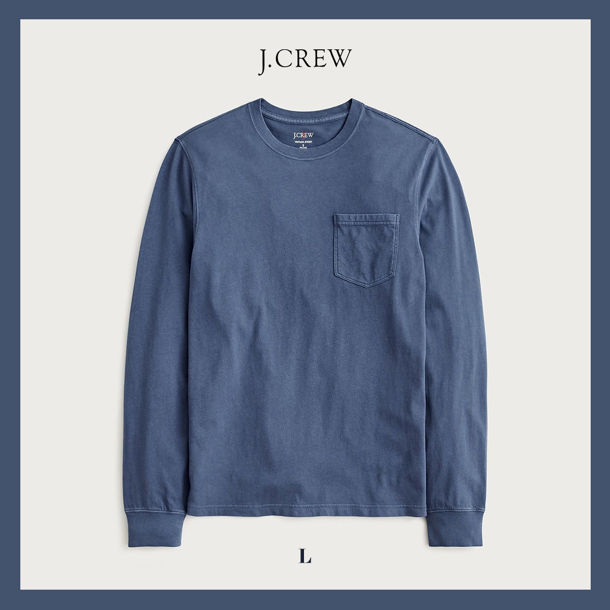 NEW J. CREW Men&rsquo;s Navy Slim Long-Sleeve Vintage-Wash Cotton Pocket T-Shirt Sz L