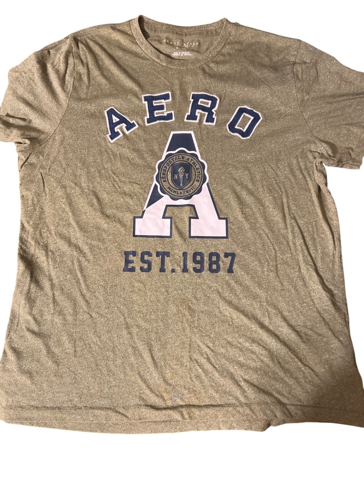 Aeropostale A Front Graphic T Shirt Heather Olive Green Blue Sewn Letters Sz XL