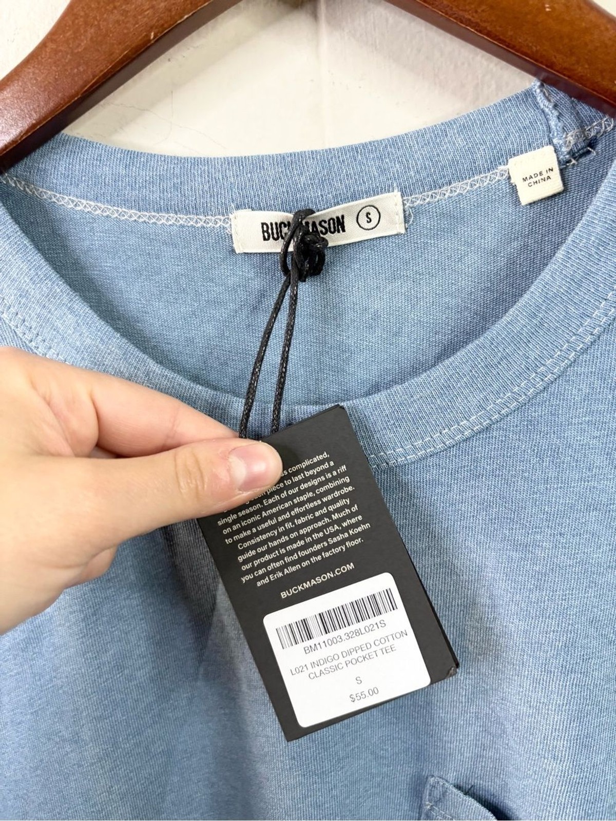 Buck Mason indigo dipped blue cotton classic pocket tee shirt size SM new flaw