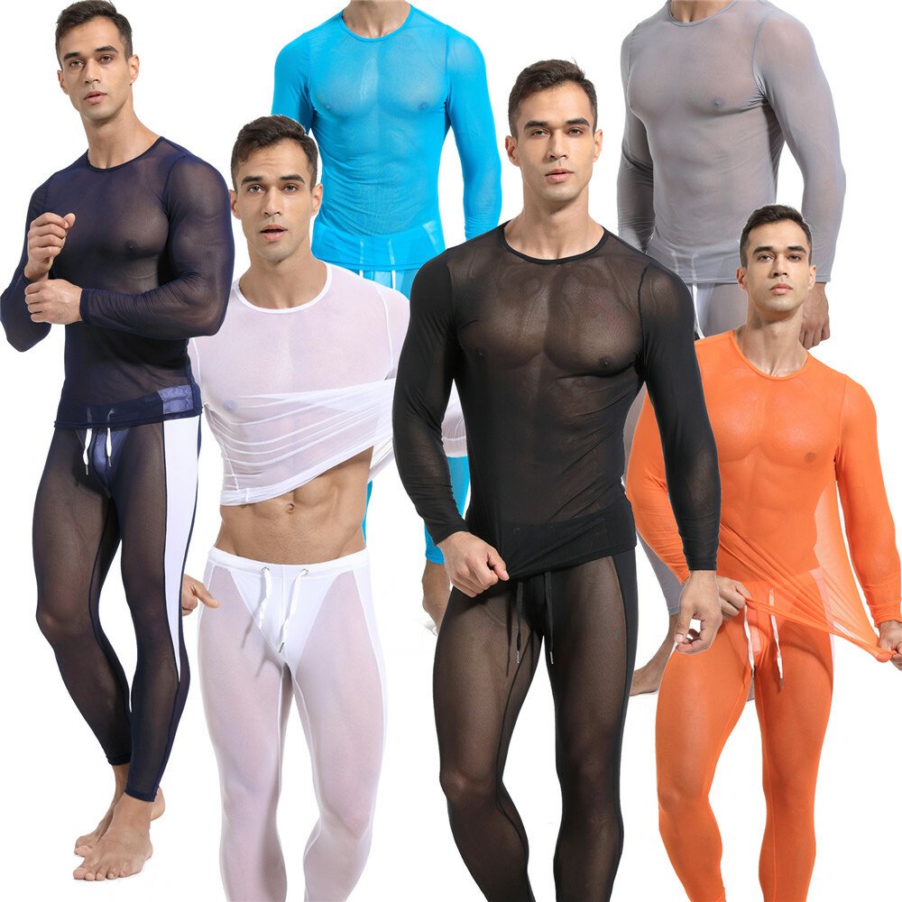 Sexy Mens Top Pants Mesh Perspective Fitness Suit Casual Home Wear T-shirt Pants