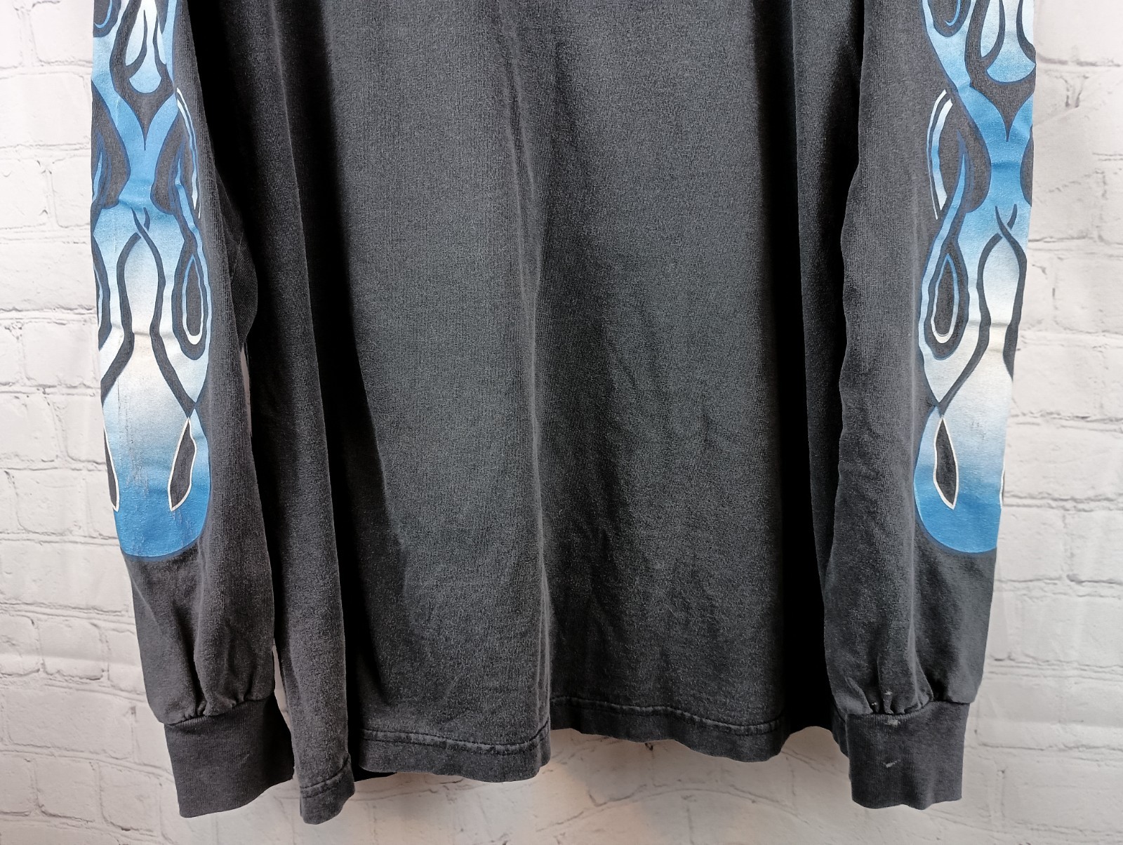 Vintage Archaic Smile Blue Flames Black Long Sleeve T-shirt Made In USA, Sz. XL