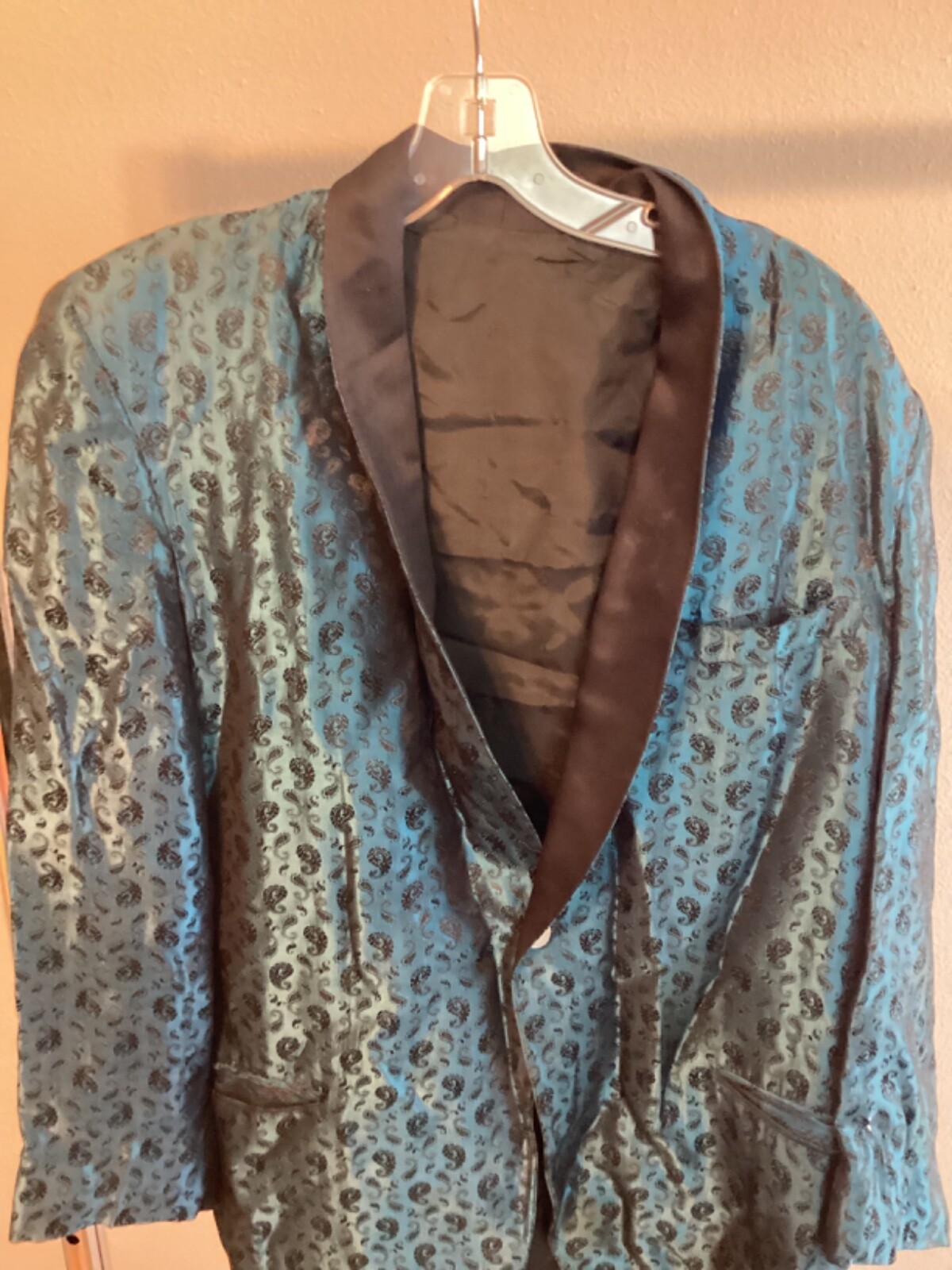 60s Vintage Men&rsquo;s Silk Brocade Blue Black Tux Dinner Jacket Size 42 MOD Atomic