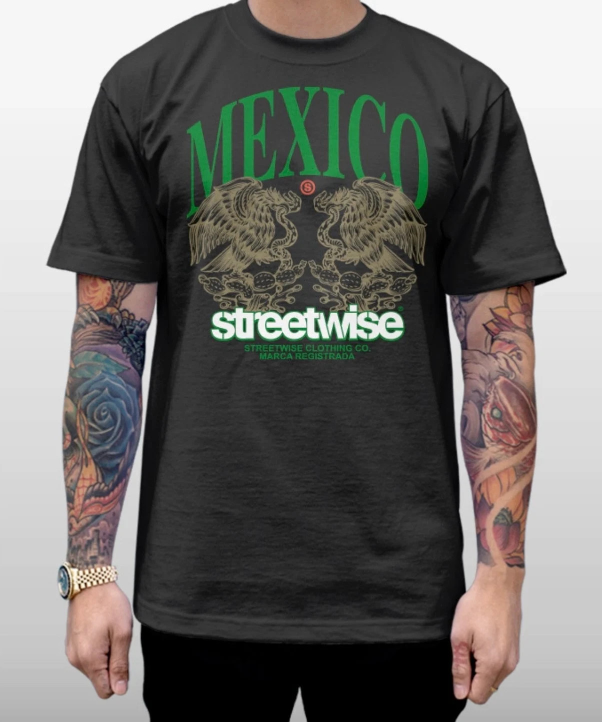 Streetwise Las Aguilas Men&rsquo;s T-Shirt Black Mexico Tee Heavyweight Cotton