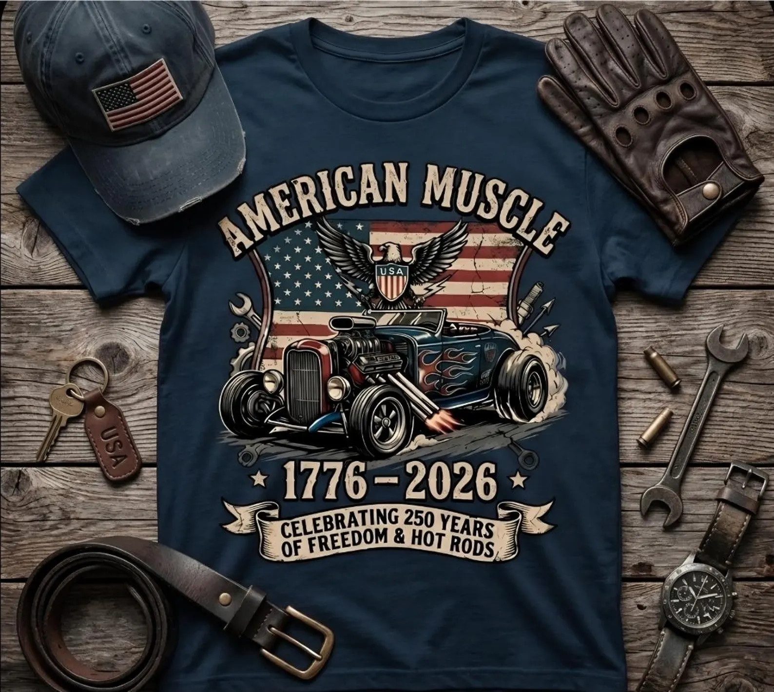 American Muscle 250th Anniversary Shirt • Patriotic Hot Rod Tee • Eagle USA Flag