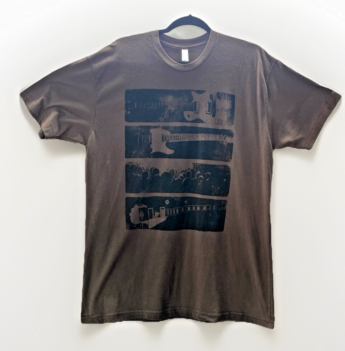 American Apparel Mens Graphic T Shirt Brown Black Panel Guitar Size XL Made USA
