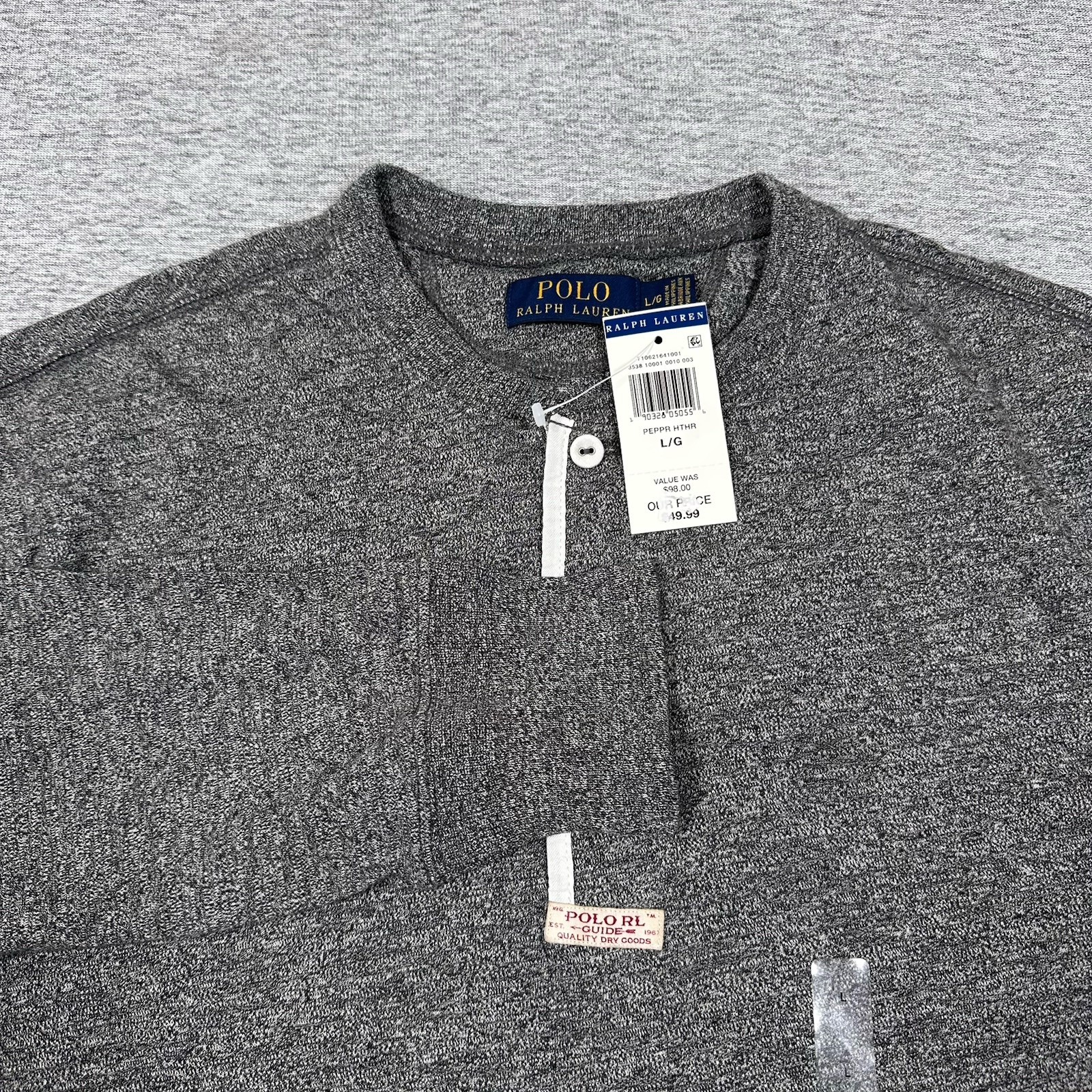 Polo Ralph Lauren Shirt Mens Large Gray Pepper Henley Long Sleeve Outdoor NEW