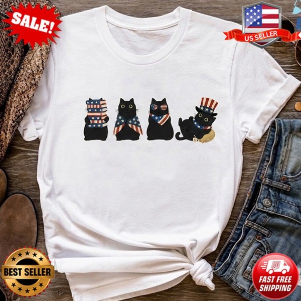 Patriotic Cat Shirt, Black Cats Reading Shirt, Book Lover Cat T-Shirt S-3XL
